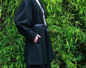 Vintage 80s black light wool shawl collar avant garde open style mid length jacket