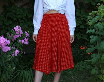 Vintage 80s Guy Laroche red white polka dot flared pull on skirt with pockets