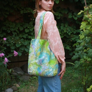 Vintage upcycled fabric mod print pastel casual reusable shoulder bag image 1