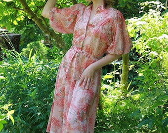 Vintage 70s rose blush color floral print sheer summer dress