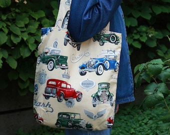 Vintage upcycled fabric vintage cars theme lined casual reusable shoulder bag