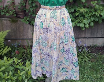 Vintage 90s rayon pleated abstract floral print midi skirt with pockets