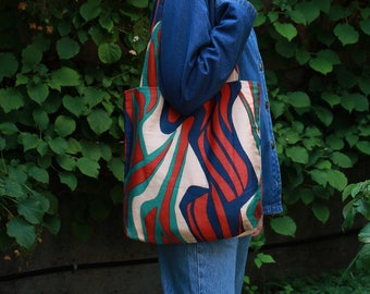 Vintage upcycled fabric mod print lined reusable casual shoulder bag