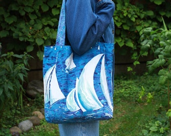 Vintage upcycled fabric sailboat theme reusable lined casual shoulder bag