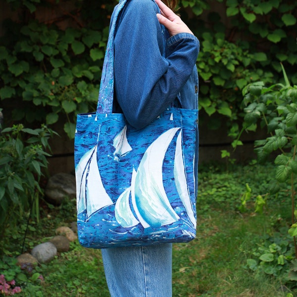 Vintage upcycled fabric sailboat theme reusable lined casual shoulder bag