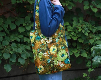 Vintage upcycled fabric floral print earth tones nature theme lined casual reusable shoulder bag