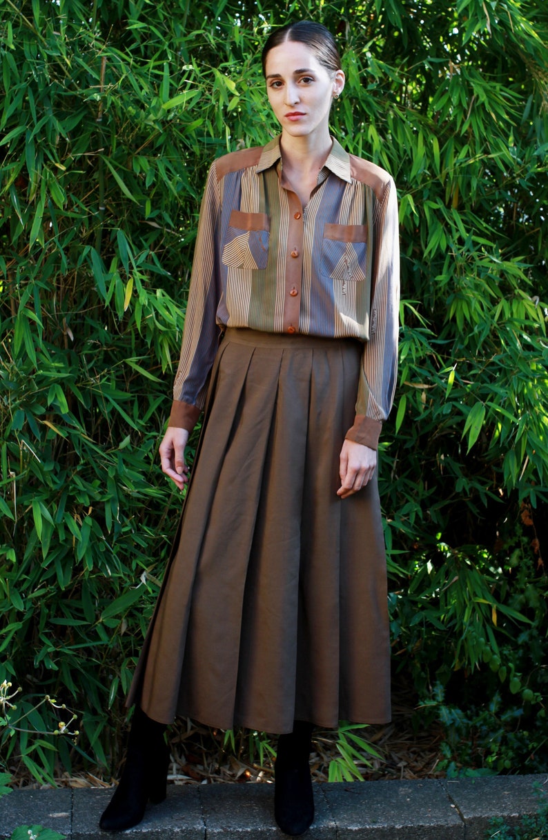 Vintage 80s brown loose pleats pockets dirndl skirt