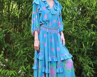 Vintage 80s Diane Fres turquoise blue floral and graphic print dress with ruffles
