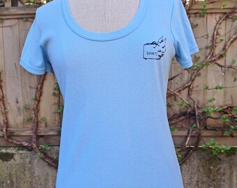 Vintage 70s baby blue Swat logo women's tee shirt