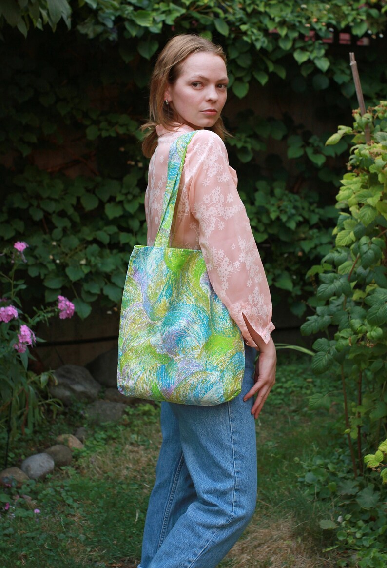 Vintage upcycled fabric mod print pastel casual reusable shoulder bag image 1