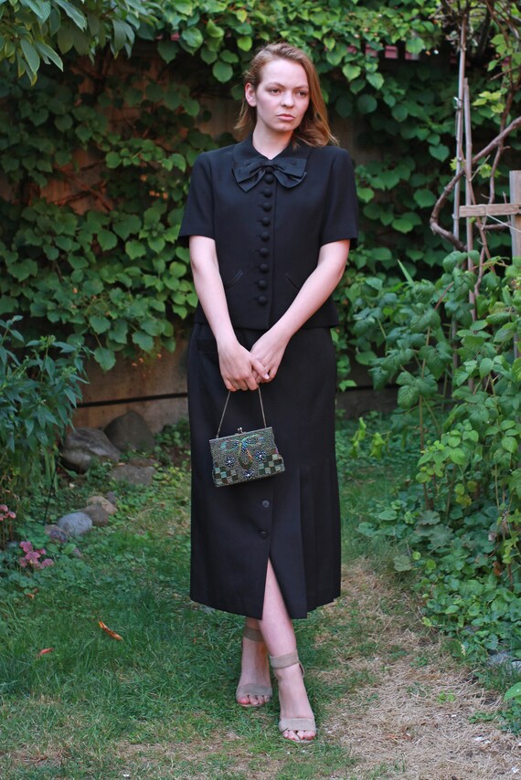 Vintage Hanae Mori black short sleeve button bow … - image 8