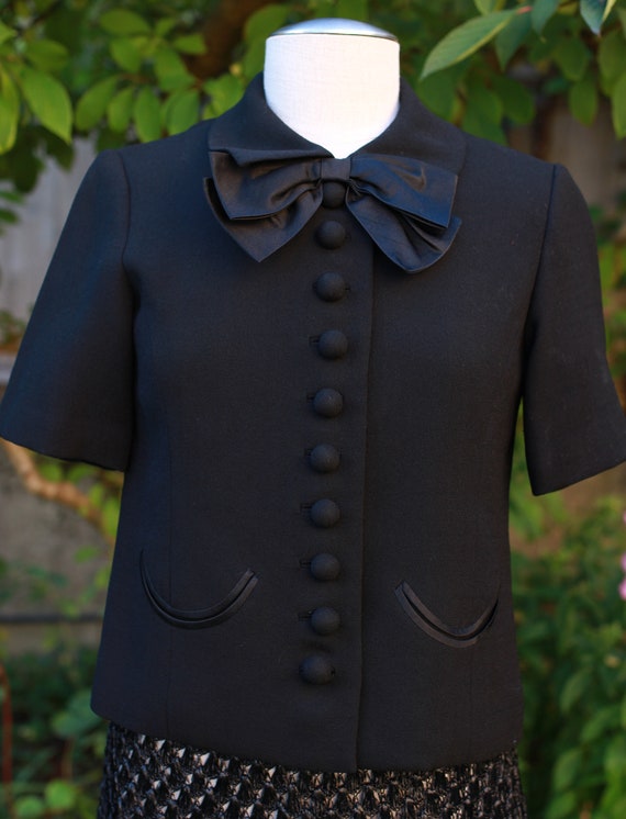 Vintage Hanae Mori black short sleeve button bow … - image 3