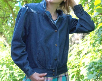 Vintage 80s dark denim bomber jacket with snap buttons and pockets