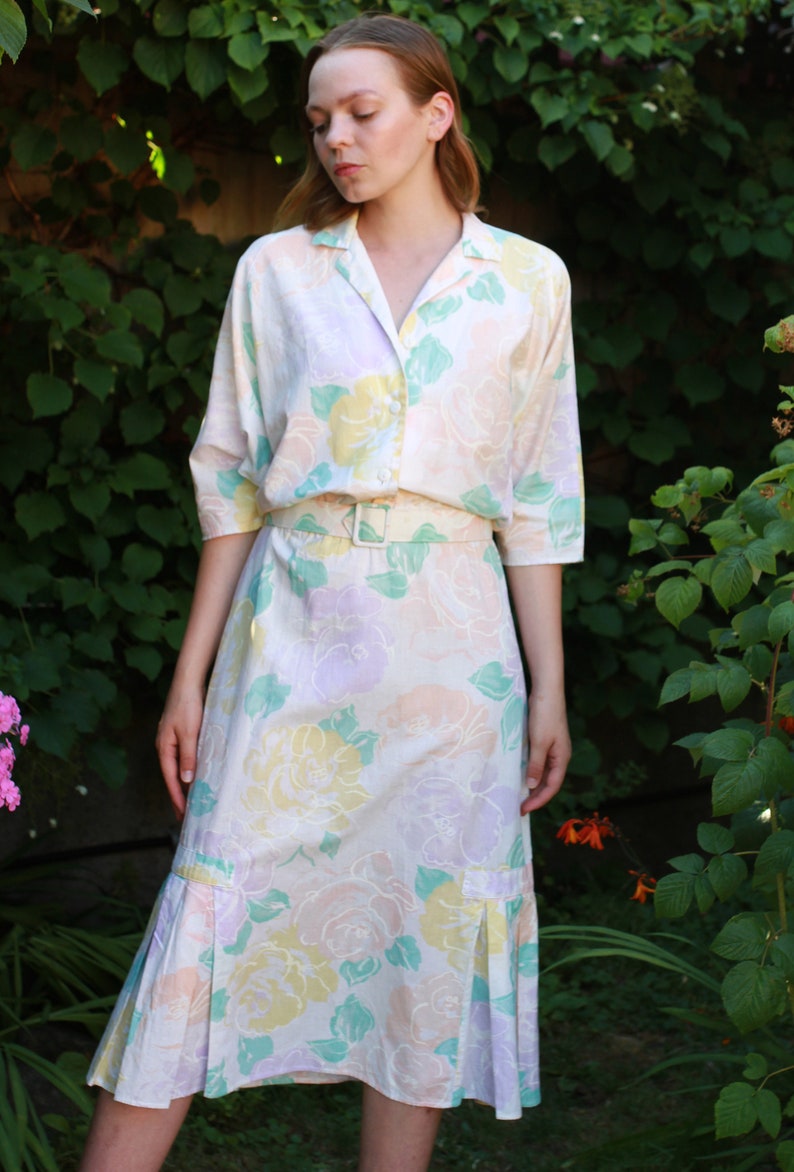 Vintage 80s pastel floral print shirtdress with pleated bottom detail image 5