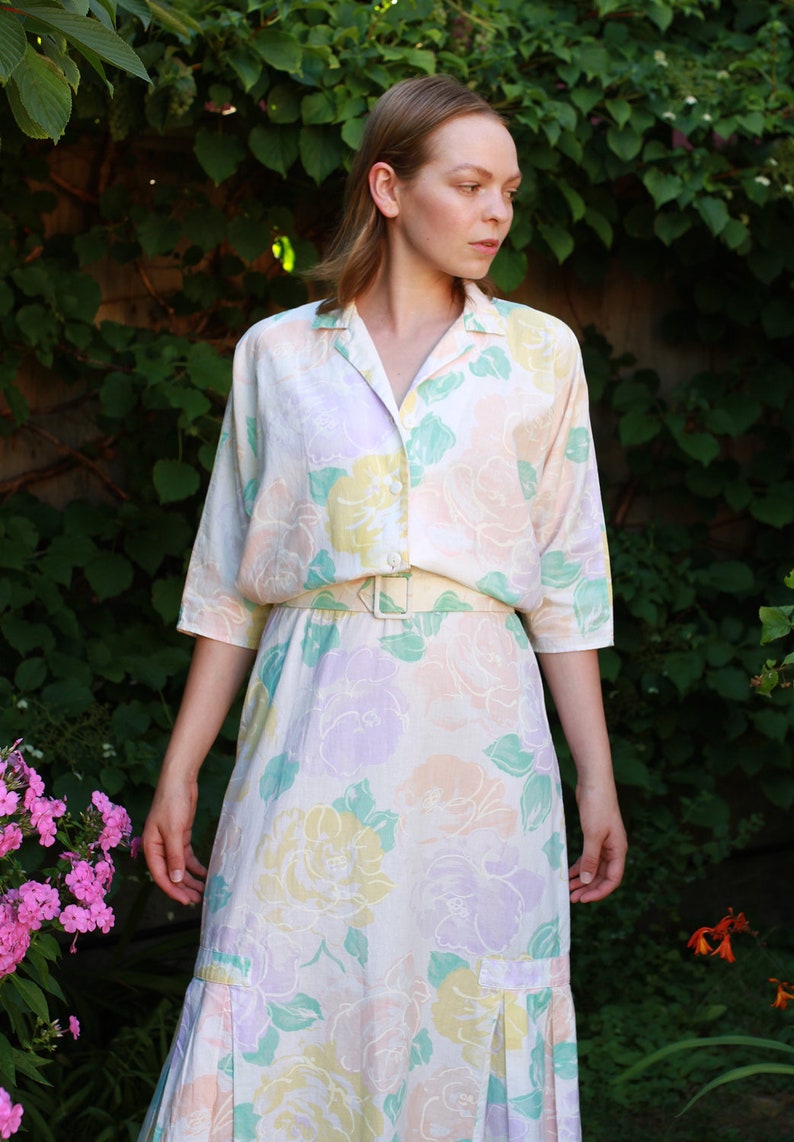 Vintage 80s pastel floral print shirtdress with pleated bottom detail image 9