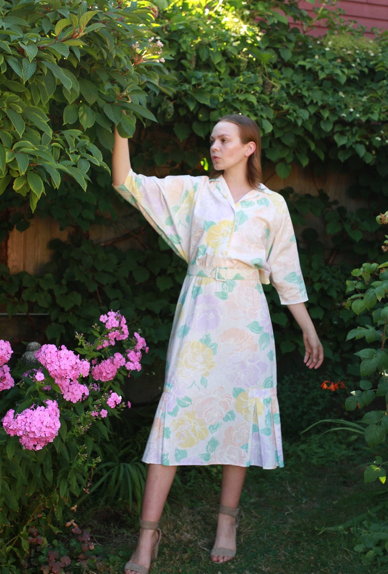 Vintage 80s pastel floral print shirtdress with pleated bottom detail image 1