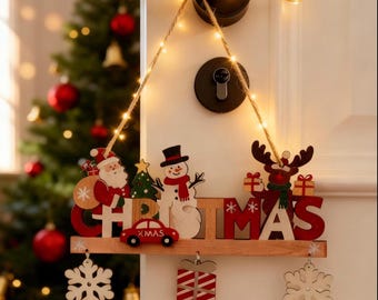 Twinkling Wooden Christmas Front Door Decor, Christmas Lighted Sign, Wooden Door Hanger, Xmas Tree Hanging Garland, Wood Christmas Sign