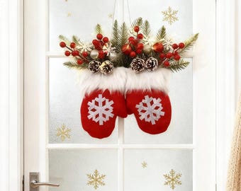 Twinkling Christmas Mitten Wreath For Front Door, Christmas Lighted Werath, Artificial Wreath, Xmas Tree Hanging Garland, Christmas Wreath