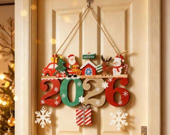 Twinkling Wooden Christmas Front Door Decor, Christmas Lighted Sign, Wooden Door Hanger, Wood Christmas Sign, Xmas Tree Hanging Garland