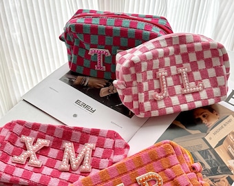 Personalized Checkered Makeup Bag, Custom Checkered Pouch, Bridesmaid Gifts, Bachelorette Favors, Vacation Gift, Bach Party Favors,Retro Bag