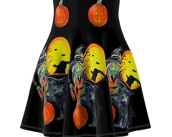 Halloween-Hexen- und Katzen-Skaterrock | Kürbis-Mond-Print