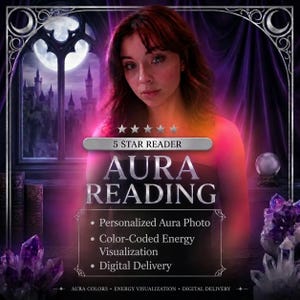 May include: A digital graphic featuring a person with reddish-brown hair, a castle silhouette against a full moon, and purple crystals. Text reads: 5 STAR READER, AURA READING, Personalized Aura Photo, Color-Coded Energy Visualization, Digital Delivery.