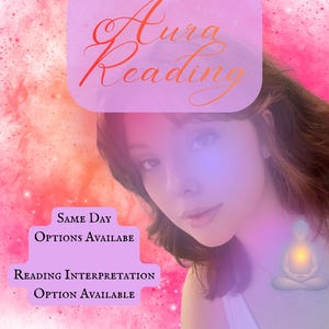 以下が含まれることがあります： ピンクと白の背景に、オレンジ色の筆記体で「Aura Reading」と書かれた画像。女性の顔が描かれています。「Same Day Options Available」と「Reading Interpretation Option Available」という追加のテキストがあります。
