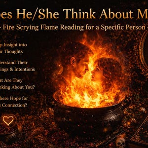 Puede incluir: Imagen con el texto "Does He/She Think About Me?" y "Fire Scrying Flame Reading for a Specific Person." Un caldero con llamas y dos figuras en el centro. Otros elementos incluyen un espejo, cristales y un libro.