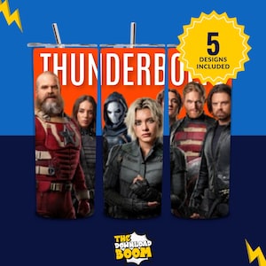 May include: Three stainless steel tumblers with orange backgrounds and images of characters from the Marvel movie "Thunderbolt". The text "THUNDERBOLT" is printed on the tumblers. The text "5 DESIGNS INCLUDED" is printed on a yellow starburst.