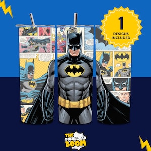 May include: A set of three stainless steel tumblers featuring a Batman comic book design. The tumblers showcase Batman in various action poses, with a yellow and black bat symbol. The design includes comic book panels and the text "1 Designs Included".