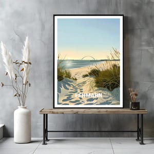 Enjoy the breathtaking view of the Fehmarn Sound Bridge and the Baltic Sea with this elegant coastal photography print.