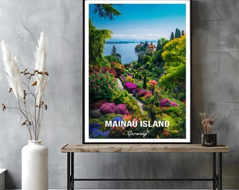 Wyspa Mainau na Jeziorze Bodeńskim – kolorowy plakat podróżniczy przedstawiający słynną niemiecką wyspę kwiatów