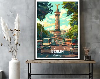 May include: A framed art print featuring a stylized illustration of Berlin, Germany. The artwork depicts a busy street scene with a monument, vehicles, and lush greenery. The text "BERLIN Germany" is at the bottom.