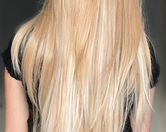 May include: A person with long, straight, blonde hair. The hair is styled in a center part and falls down the back of the person's neck.