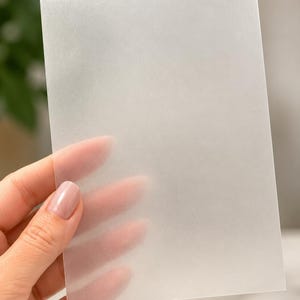 May include: A rectangular sheet of translucent vellum paper with a smooth, frosted texture. The material is semi-transparent, allowing light to pass through while obscuring details behind it, presenting a clean, neutral, and matte surface.