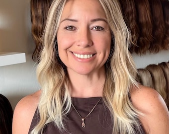IRIS  Layered Brazilian Virgin Human Hair Wig | Natural Density 5x5.5” Lace Top Wig | 18”” Light Blonde Balayage
