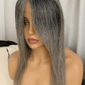 FLORA 2x12 Custom-Made Salt and Pepper  Human Hair Topper, Lace Front 2x12, Halo & Silicone Grip | natural Density 8-10&quot; long Hand Tied