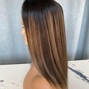 COLETE LONG Custom-Made Handcrafted Silk Top Human Hair Topper – 24” Length | 8x8 Base | 150% Density | Warm Brunette Balayage  Dark Root