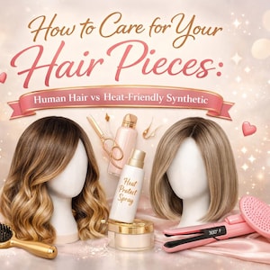 Puede incluir: Imagen promocional para el cuidado del cabello, con dos cabezas de maniquí con pelucas, una morena y otra rubia. La imagen incluye productos para el cuidado del cabello como un cepillo, tijeras y spray protector térmico. El texto dice "How to Care for Your Hair Pieces: Human Hair vs Heat-Friendly Synthetic."
