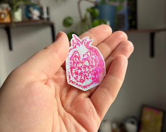 Pink Pomegranate Holographic Handmade Block Printed Sticker