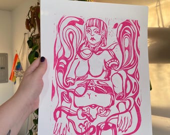 Handmade Portrait Lino Block Relief Print - Bright Pink