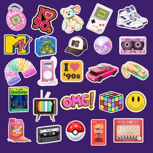 May include: A collection of 25 stickers featuring 1990s pop culture icons including a Tamagotchi, a tie-dye teddy bear, a Game Boy, Reebok sneakers, an MTV logo, a Teenage Mutant Ninja Turtles lunchbox, a disco ball, a cassette tape, a slinky, an iPod, a pink sports car, a Goosebumps book, a retro television, a Rubik's cube, a smiley face, a bubble jug, a Poké Ball, a Pocky box, and a Magic Eye book.