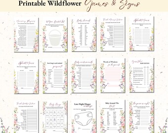 May include: A collection of printable baby shower games and signs. The designs feature a neutral wildflower theme with floral borders. The text includes game titles such as "Nursery Rhymes", "Baby Animals", and "Baby Bingo".
