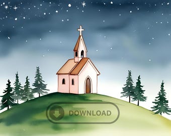 Silent Night Chapel Christian Printable Art / Digital Download Christmas Nativity Scene / Minimalist Christmas Wall Decor – PNG Download