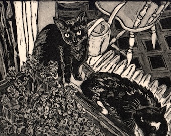 Cats on Fire Escape Impression taille-douce, édition limitée