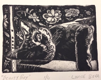 Impression en taille-douce chat, eau-forte en édition limitée, art floral à l'encre noire