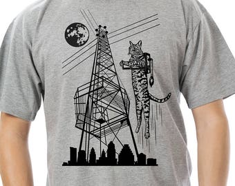 Kat shirt mannen tshirt Jetpack Moon Tower Flying Austin hipster cool Moontower mens Jet Pack Tee eigenzinnige raar ATX ruimte Texas shirt