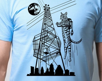 Cat Shirt Men Tshirt Jetpack Moon Tower Flying Austin Hipster Cool Moontower Mens Jet Pack Tee Quirky Weird ATX Space Texas Shirt