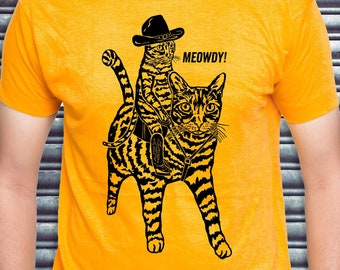 Kat Shirt Mannen T-Shirt Cowboy Hoed Laarzen Rijden Meowdy Tee Texas Art Shirt Grappig Cool Weird Absurd Western Texas Shirt Bizarre Cat-Lover ATX