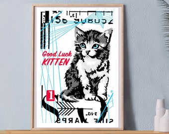 Impression d'art chaton porte-bonheur, sérigraphie rétro, signée